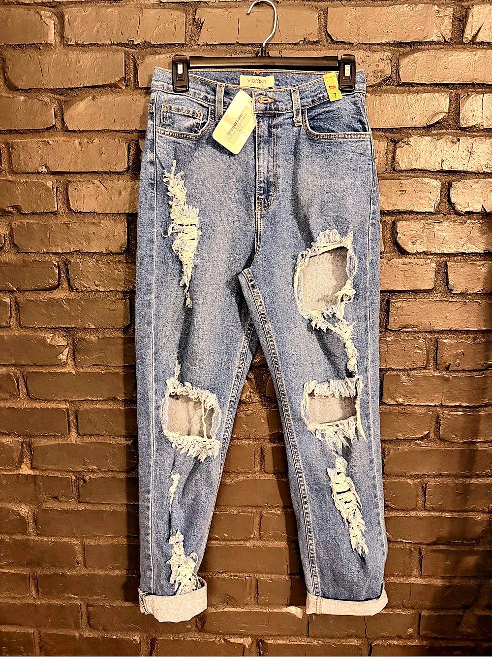 Vibrant Distressed Boyfriend Jean Jeans in Blue Waist 27